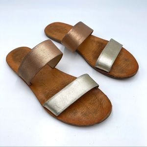 Able metallic leather slip on sandals size 8